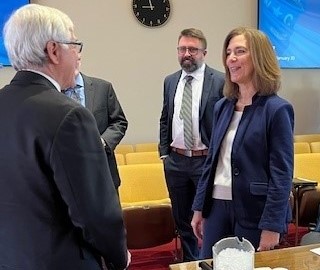 North Carolina Reinsurance Facility Executive Director Joanna Biliouris talks with House Oversight and Reform Committee co-chair Rep. Harry Warren, Tuesday, January 30, 2024.