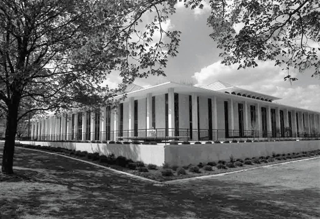 Black and white photo of the NC legislative building circa 1960s